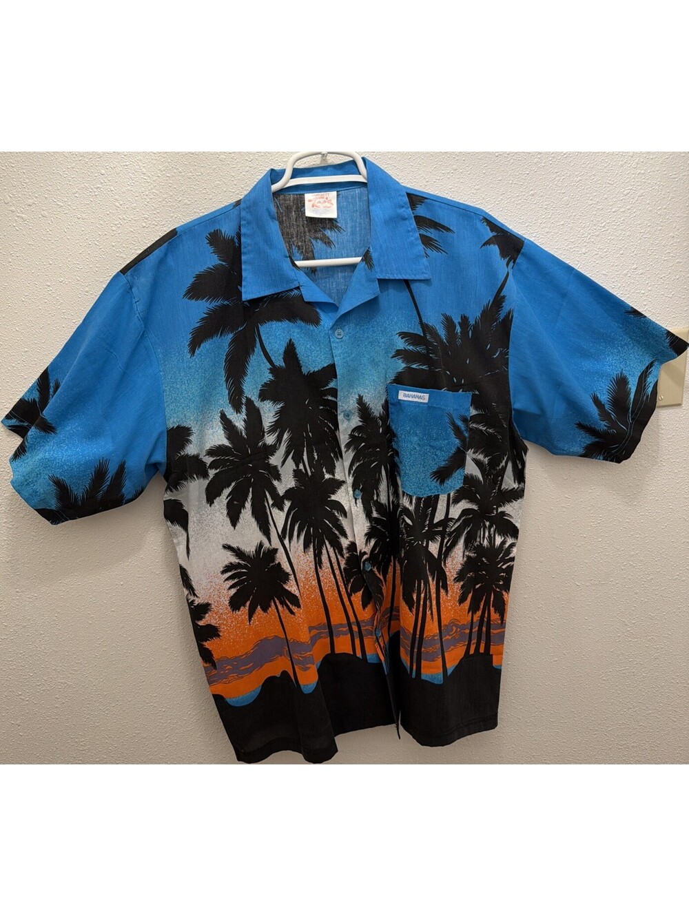 Vintage Dorsett Tees Bahamas Tropical Palm Tree Sunset Button Up Shirt Mens L